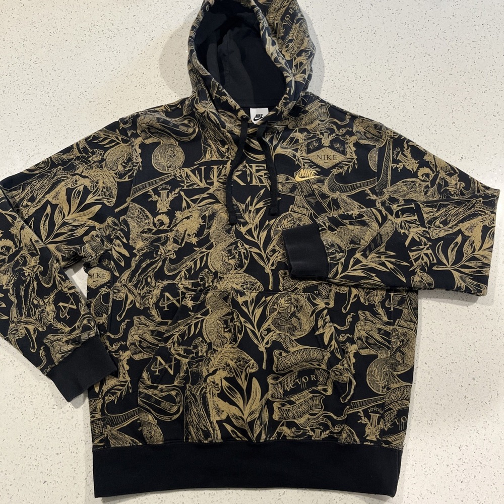 Nike Sportswear Victory Hoodie Men's size MEDIUM Black Gold Club Fleece AOP